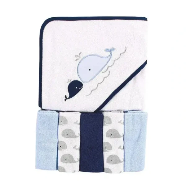Baby Vision Hooded Towel And 5 Washcloths, Whale - cutbabycare.com | baby boutique & care hub