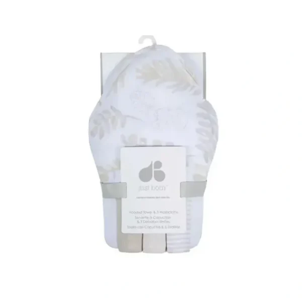 Just Born - 4Pk Hooded Bath Towel & Washcloths Set, Natural Foliage - cutbabycare.com | baby boutique & care hub