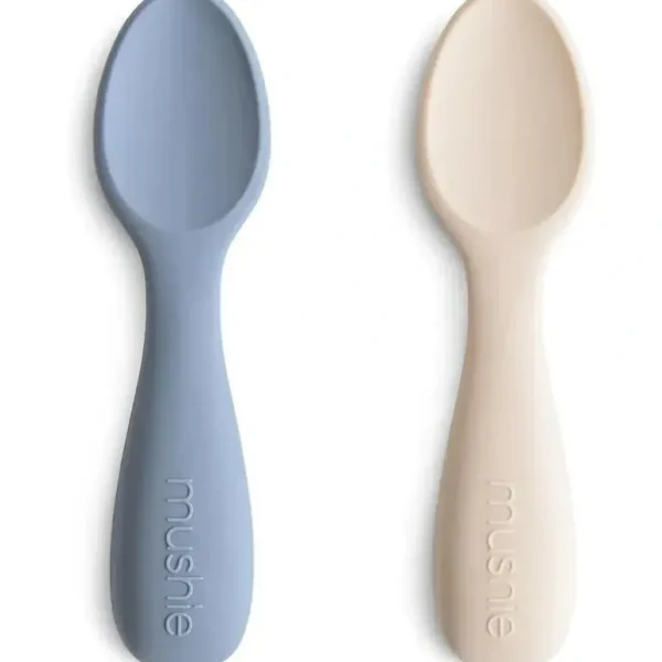 Mushie - Silicone Toddler Starter Spoons, 2 Pack, Tradewinds/Shifting Sand - cutbabycare.com | baby boutique & care hub