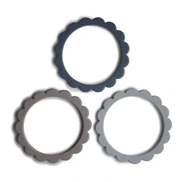 Mushie Silicone Baby Flower Teether Bracelet 3 Pack Steel/Dove Gray/Stone - cutbabycare.com | baby boutique & care hub
