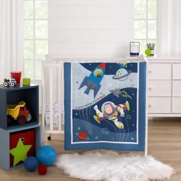 New Nojo - Disney Toy Story Outta This World Blue and Gray Buzz Lightyear 4 Piece Nursery Crib Bedding Set - Comforter, Fitted Crib Sheet, Changing Pad - cutbabycare.com | baby boutique & care hub Shop All