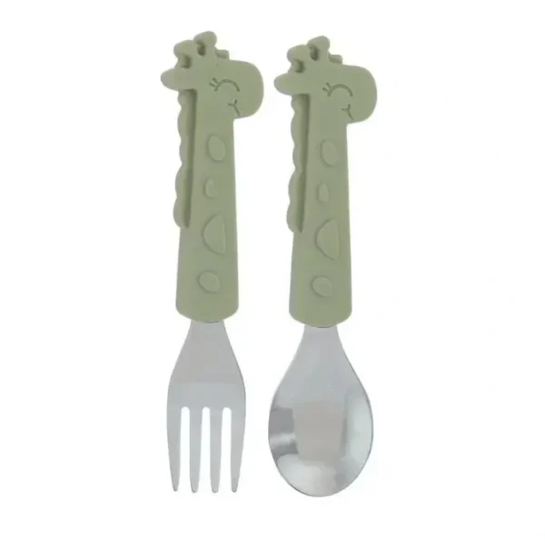 Hot Nuby - Silicone Stainless Steel Giraffe Fork & Spoon - Green - cutbabycare.com | baby boutique & care hub Shop All