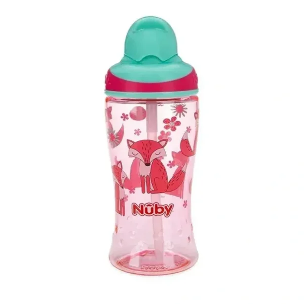 Hot Nuby - Thirsty Kids 12Oz No Spill Thin Straw Printed Flip-It Boost Cup, Pink - cutbabycare.com | baby boutique & care hub Health Safety