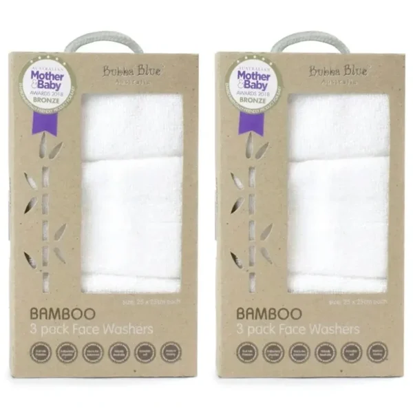 6pc Bubba Blue 25cm Square Bamboo Face Washer Set Soft Baby Towel Cloth White - cutbabycare.com | baby boutique & care hub