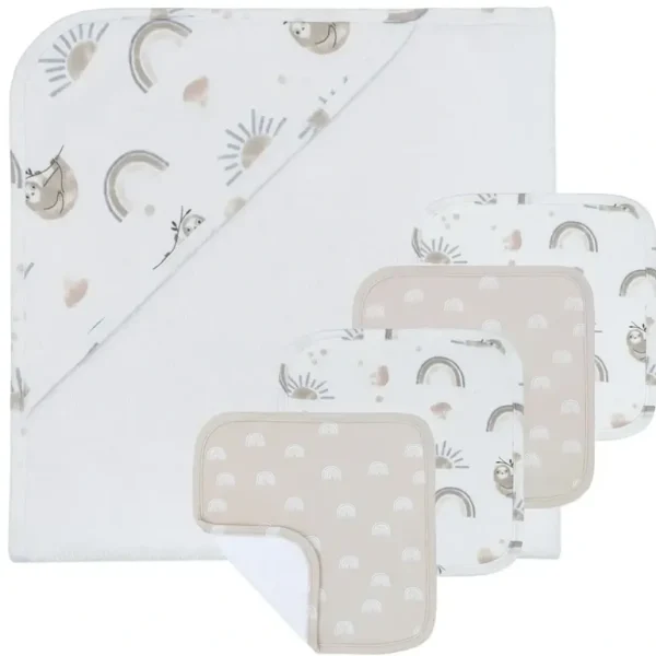 5pc Living Textiles Baby Bath Gift Set w/75cm Towel/25cm Washcloth Sloth Rainbow - cutbabycare.com | baby boutique & care hub