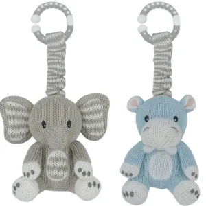 2pc Living Textiles Baby/Newborn Cotton Knitted Stroller Toys Elephant & Hippo - cutbabycare.com | baby boutique & care hub