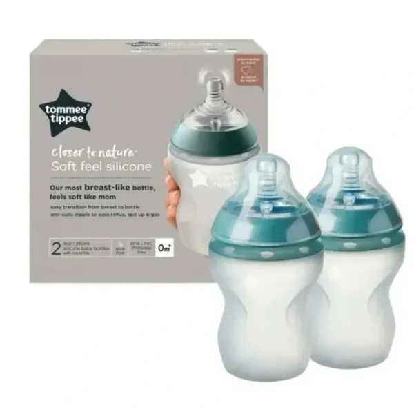 2pc Tommee Tippee 260ml Baby Soft Silicone Feeding Bottle Slow Flow w/Lid 0m+ - cutbabycare.com | baby boutique & care hub