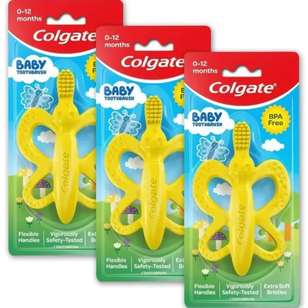 3PK Colgate Baby Training Toothbrush Silicone Teether 0-12m Butterfly Yellow - cutbabycare.com | baby boutique & care hub