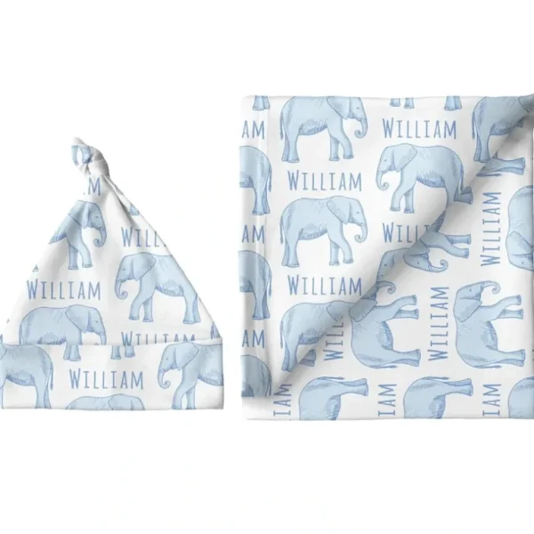 Sugar + Maple Personalized Large Blanket & Hat Set | Elephant Blue - cutbabycare.com | baby boutique & care hub