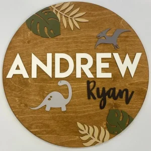 Sugar + Maple Round Personalized Wood Name Sign | Dinosaur - cutbabycare.com | baby boutique & care hub