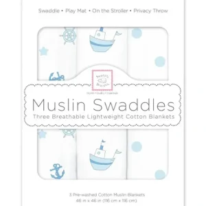 Swaddle Designs - 3Pk Muslin Swaddle Blankets, Little Ships - cutbabycare.com | baby boutique & care hub