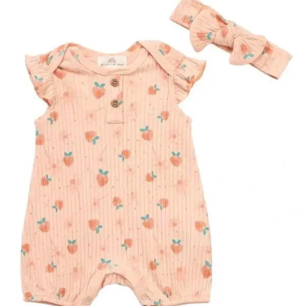 Discount Willow + Whimsy - 2Pk Baby Girl Peach Romper With Headband - cutbabycare.com | baby boutique & care hub Shop All