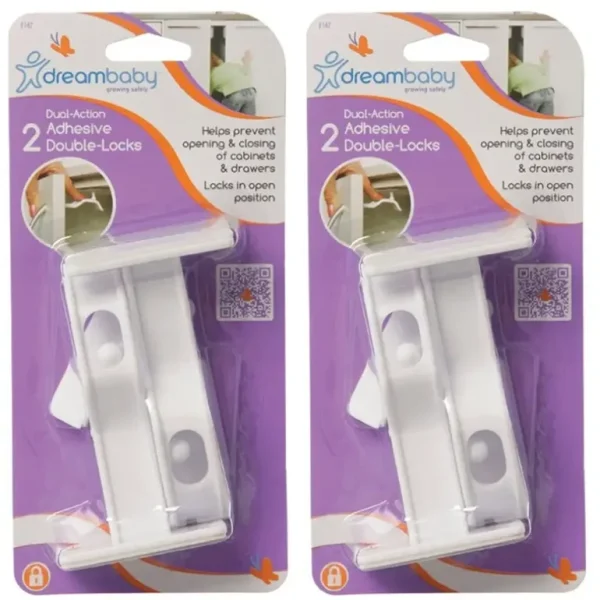 4x dreambaby 10cm Dual-Action Adhesive Double Lock For Drawers/Cupboards White - cutbabycare.com | baby boutique & care hub