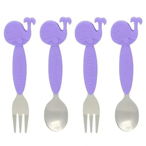 4x Marcus & Marcus BPA Free Spoon & Fork Cutlery Set Kids/Baby 3m+ Lilac Whale - cutbabycare.com | baby boutique & care hub