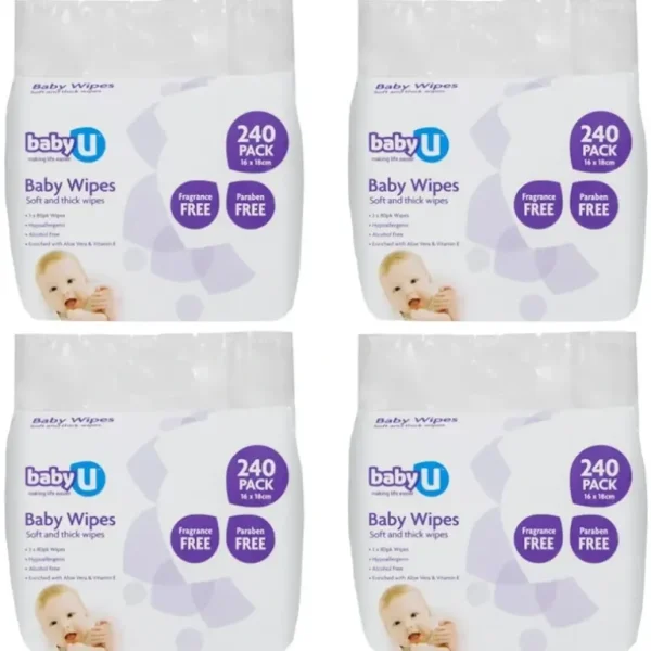 4x 240pc BabyU Baby/Infant/Kids Alcohol/Fragrance Free Absorbent Wet Wipes - cutbabycare.com | baby boutique & care hub