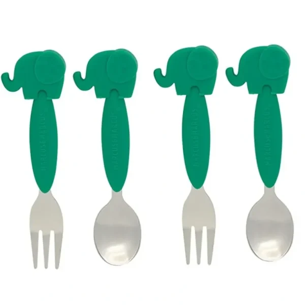 2x 2pc Marcus & Marcus BPA Free Spoon & Fork Cutlery Set Baby 3m+ Green Elephant - cutbabycare.com | baby boutique & care hub