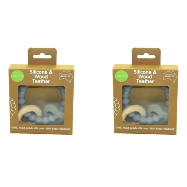 2x Playette Silicone And Wood Baby/Infant Heart Teether/Chew Play Toy Grey 4m+ - cutbabycare.com | baby boutique & care hub