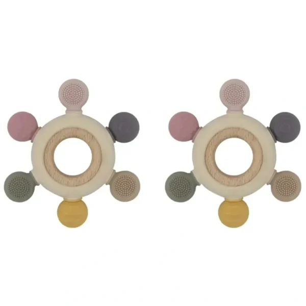 2x Playground Multi-Surface Baby 11cm Silicone/Beechwood Teething Wheel 3m+ Rose - cutbabycare.com | baby boutique & care hub