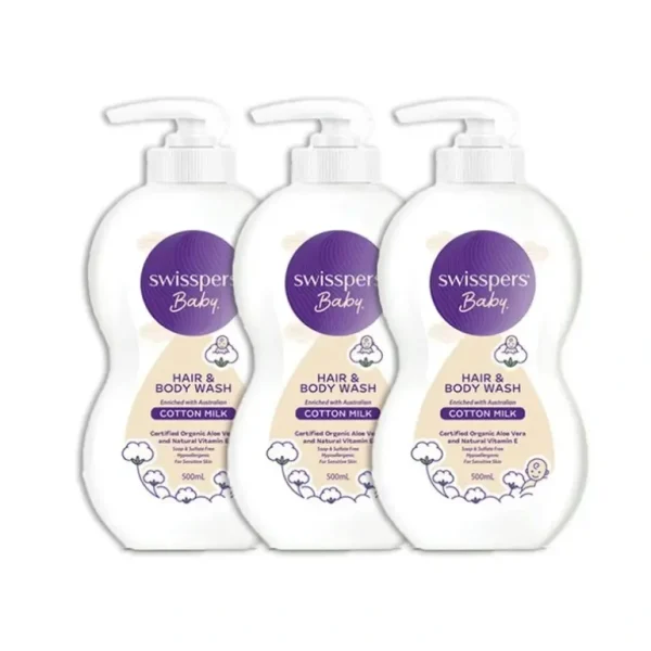 3x Swisspers Baby Cotton Milk Gentle All-In-One Hair & Body Wash Cleanser 500ml - cutbabycare.com | baby boutique & care hub